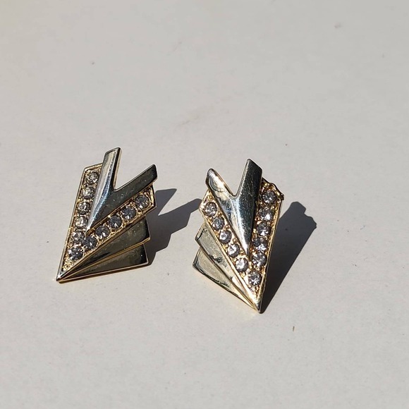 Jewelry - Vintage Gold Silver Tone Metal Rhinestone Geometric Wing Post Earrings
